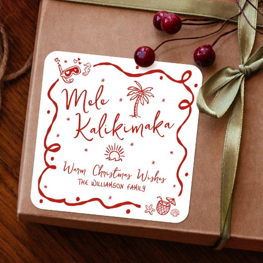 Red Mele Kalikimaka Hand Drawn Doodles Christmas スクエアシール