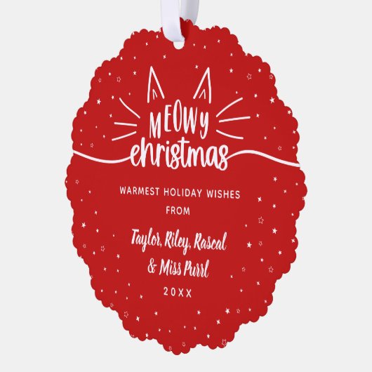 Red Meowy Christmas Cat写真クリスマス オーナメントカード (左)