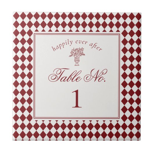 Red Merlot Harlequin Checker Wedding Table Number タイル (正面)