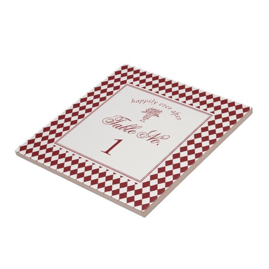 Red Merlot Harlequin Checker Wedding Table Number タイル (側面)