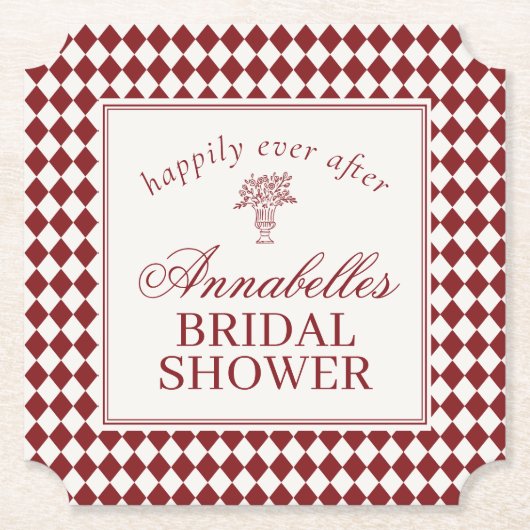 Red Merlot Harlequin Checkered Bridal Shower ペーパーコースター (正面)
