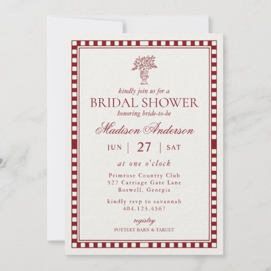 Red Merlot Harlequin Checkered Bridal Shower 招待状 (正面)