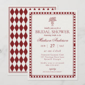 Red Merlot Harlequin Checkered Bridal Shower 招待状 (正面/裏面)