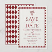 Red Merlot Harlequin Checkered Save the Date 招待状 (正面/裏面)