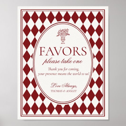 Red Merlot Harlequin Checkered Wedding Favors Sign ポスター (正面)