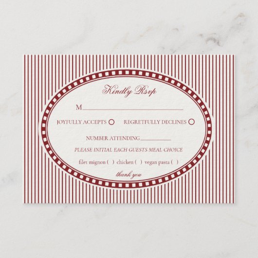 Red Merlot Striped Harlequin Pattern Wedding RSVP エンクロージャーカード (正面)