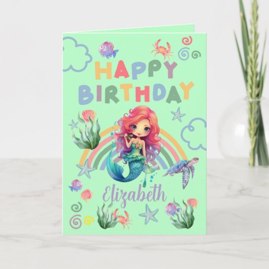 Red Mermaid Birthday Card in Green カード (正面)
