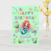 Red Mermaid Birthday Card in Green カード (黄色い花)