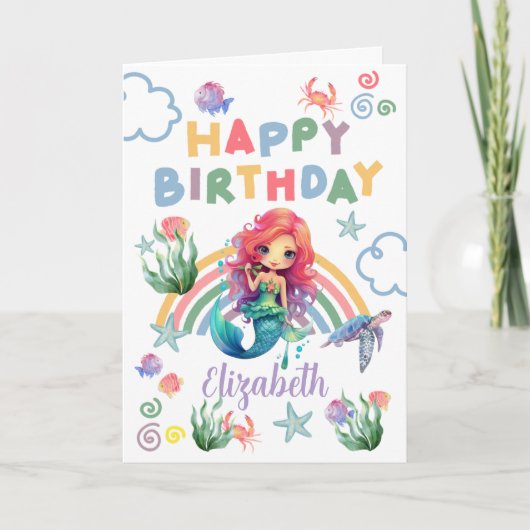 Red Mermaid Birthday Card in White カード (正面)