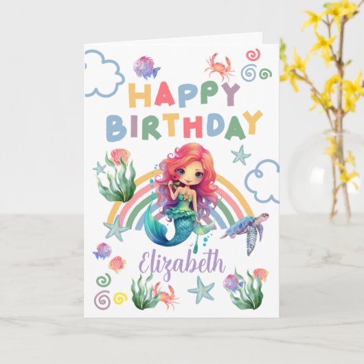 Red Mermaid Birthday Card in White カード (黄色い花)