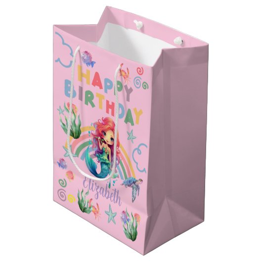 Red Mermaid Birthday Gift Bag in Pink ミディアムペーパーバッグ (正面アングル)