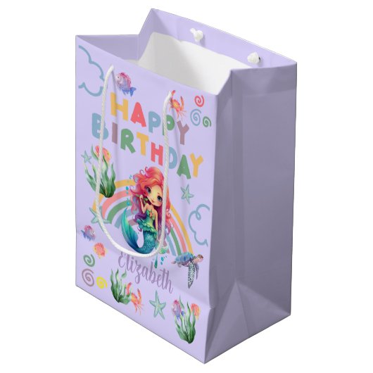 Red Mermaid Birthday Gift Bag in Purple ミディアムペーパーバッグ (正面アングル)