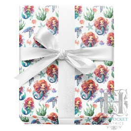 Red Mermaid Birthday Gift Wrap in White ラッピングペーパー