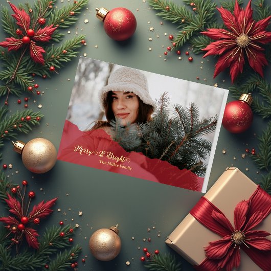 red Merry & Bright Christmas family Photo gold 箔シーズンカード