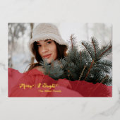 red Merry & Bright Christmas family Photo gold 箔シーズンカード (正面)