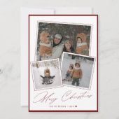 Red Merry Christmasスクリプト3枚の写真コラージュ シーズンカード (正面)