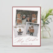 Red Merry Christmasスクリプト3枚の写真コラージュ シーズンカード (スタンド正面)