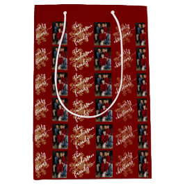 Red Merry Christmas Calligraphy Family 2 Photo ミディアムペーパーバッグ