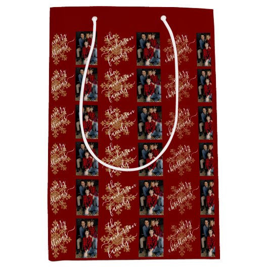 Red Merry Christmas Calligraphy Family 2 Photo ミディアムペーパーバッグ (正面)