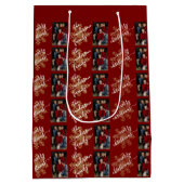 Red Merry Christmas Calligraphy Family 2 Photo ミディアムペーパーバッグ (裏面)