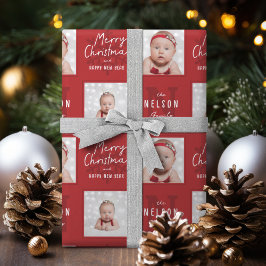 Red Merry Christmas Calligraphy Family 2 photo ラッピングペーパー