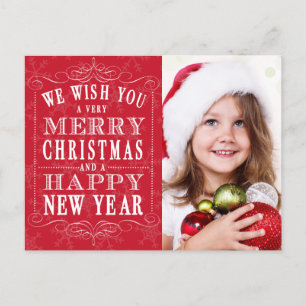 Red Merry Christmas, Happy New Year Photo シーズンポストカード