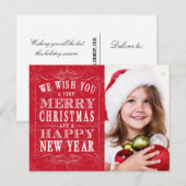 Red Merry Christmas, Happy New Year Photo シーズンポストカード (正面/裏面)