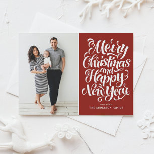 Red Merry Christmas & Happy New Year Photo シーズンポストカード