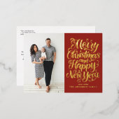 Red Merry Christmas & Happy New Year Photo 箔シーズンポストカード (正面/裏面)