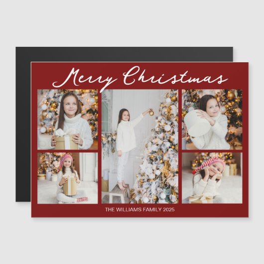 Red Merry Christmas Photo Collage 2025 Magnet Card (正面/裏面)