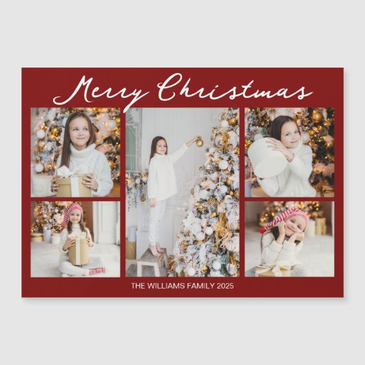 Red Merry Christmas Photo Collage 2025 Magnet Card (正面)