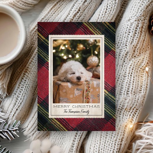 Red Merry Christmas Plaid Photo Holiday Card シーズンカード