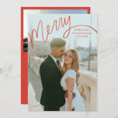 Red Merry Hand Lettering Wedding Photo シーズンカード (正面/裏面)