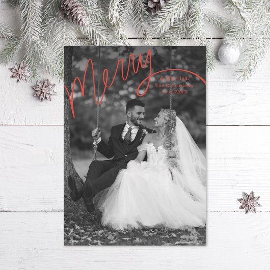 Red Merry Hand Lettering Wedding Photo シーズンカード