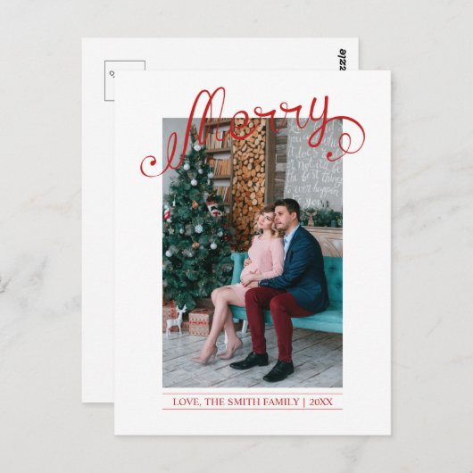 Red Merry Script | Christmas Holiday Photo ポストカード (正面/裏面)