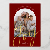Red Minimal Joy Modern Script Arch Photo Christmas 箔シーズンカード (正面)