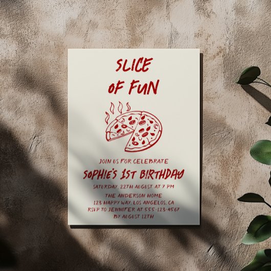 Red Minimal Slice of Fun Pizza Birthday  招待状