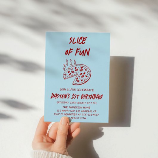 Red Minimal Slice of Fun Pizza Birthday  招待状