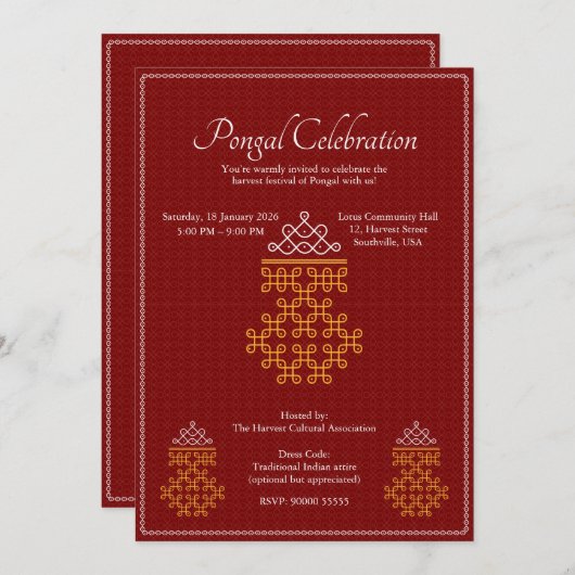 Red Minimal Tamil Kolam Pongal 招待状 (正面/裏面)