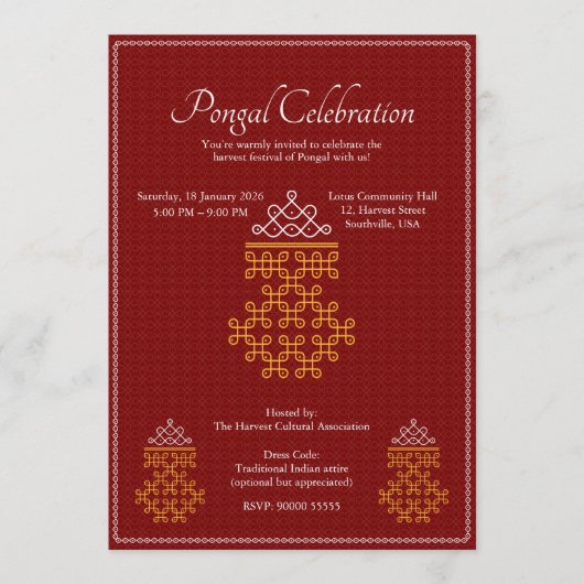 Red Minimal Tamil Kolam Pongal 招待状 (正面)