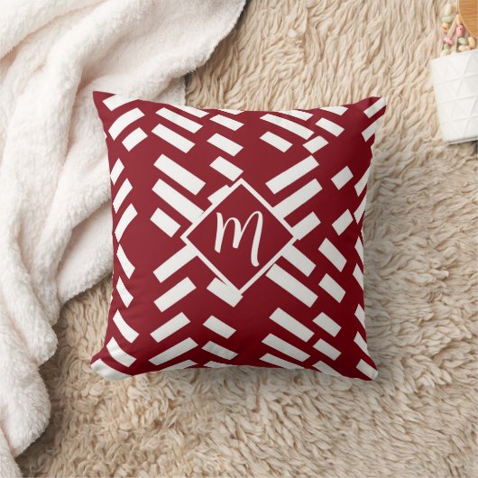 Red Minimalist Diagonal Striped Pattern, Monogram クッション (ブランケット)