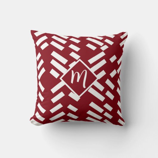 Red Minimalist Diagonal Striped Pattern, Monogram クッション (正面)