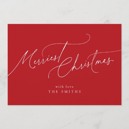 Red Minimalist Elegant Script Merriest Christmas シーズンカード (正面)