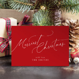 Red Minimalist Elegant Script Merriest Christmas シーズンカード