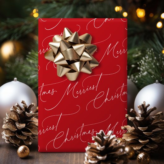 Red Minimalist Modern Script Merriest Christmas ラッピングペーパー