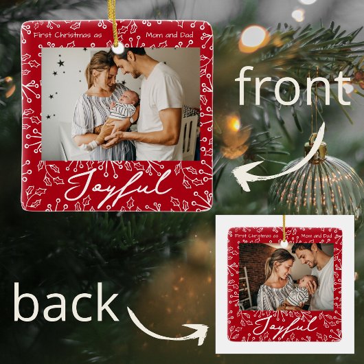 Red Mistletoe Doodles 2 Photos Joyful  セラミックオーナメント