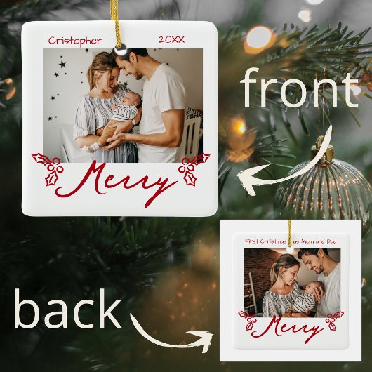 Red Mistletoe Doodles 2 Photos Merry セラミックオーナメント