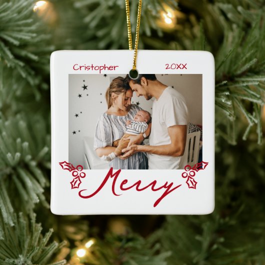 Red Mistletoe Doodles 2 Photos Merry セラミックオーナメント (ツリー)