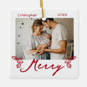 Red Mistletoe Doodles 2 Photos Merry セラミックオーナメント (正面)