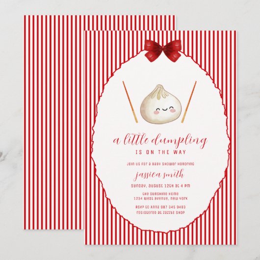 Red Modern Bow Asian Dumpling Baby Shower  招待状 (正面/裏面)
